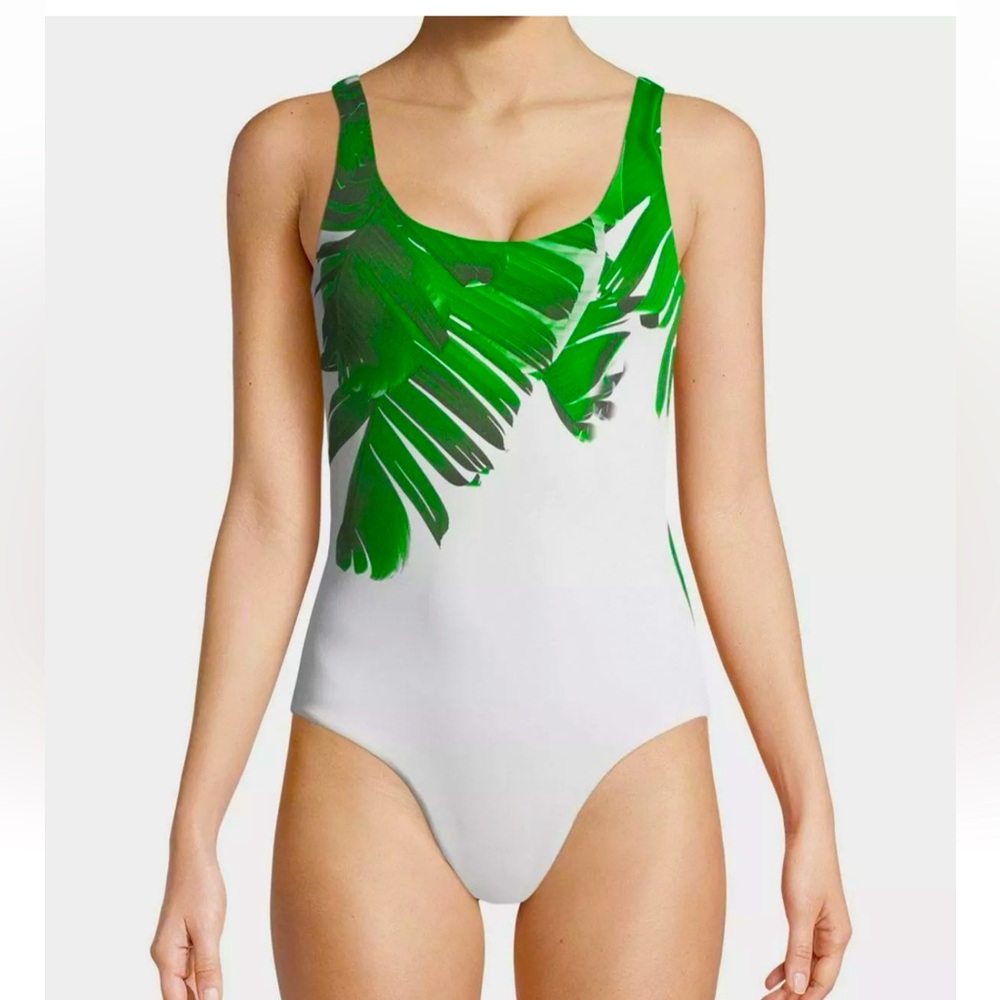 Onia KELLY white green scoop neck palm leaves one piece swim swimsuit nwt